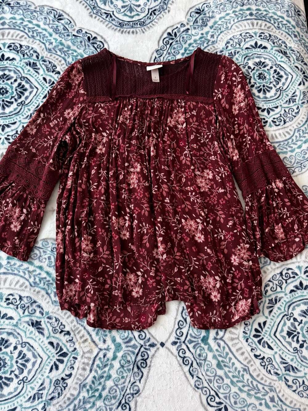 Knox Rose Maroon Floral Print Smocked Scoop Neck Balloon Sleeve Blouse Size S